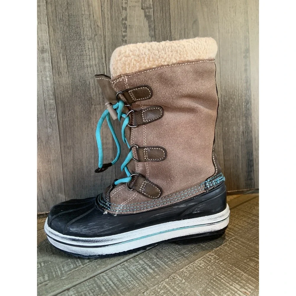 Thermolite Kids Insulated Waterproof Winter Boots Size 1‎ Brown Black Rubber Toe